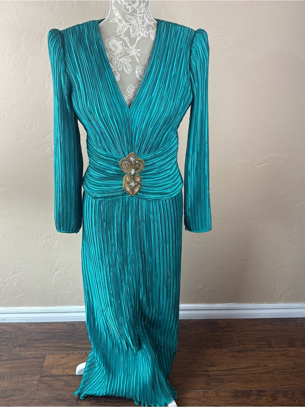 Lillie Rubin George F. Couture New York Dress Green Crinkle Formal Rhinestone 8
